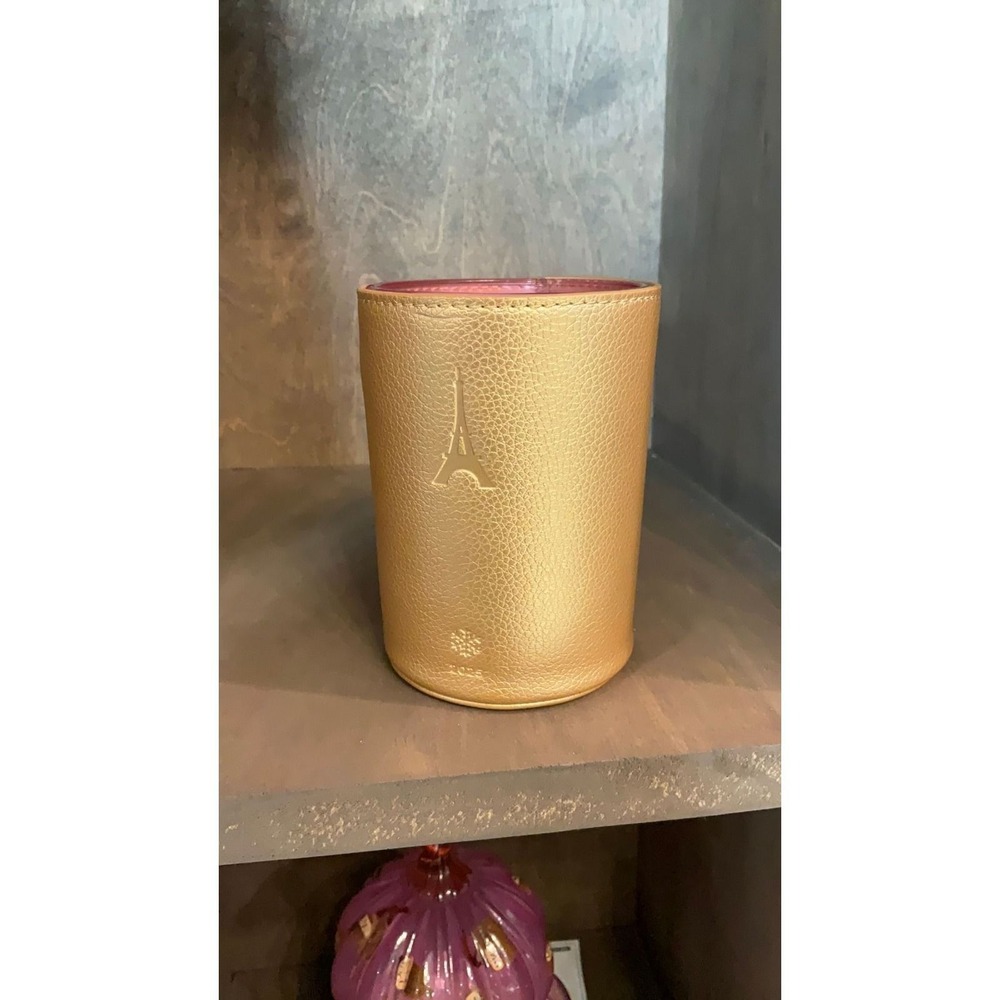 Anthropologie Rose Spritz Fragranced Candle Gold Faux Leather Paris Eiffel Tower